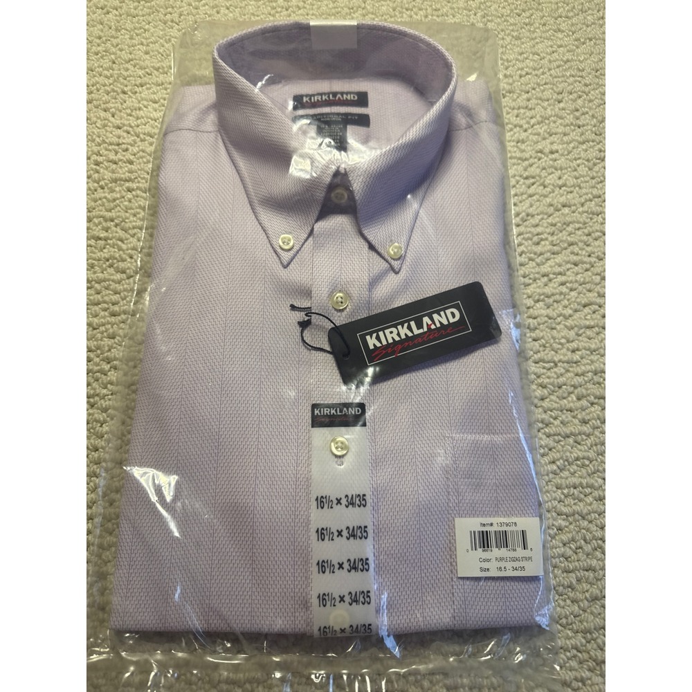 Kirkland Signature Purple Zigzag Stripe Dress Shirt 16.5 34/35 Non-Iron Fit